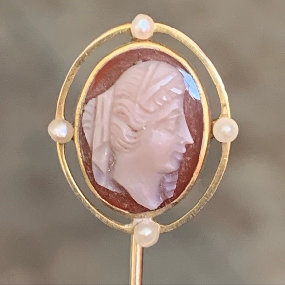 Antique Jewelry - 14k Gold Antique Cameo Stick Pin Pearls